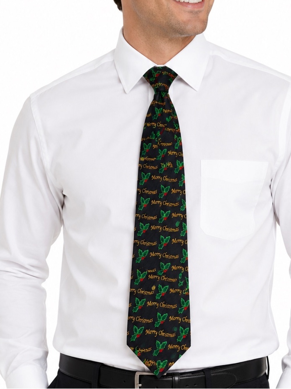 Keith Daniels Merry Christmas Holly Men’s Novelty Necktie Black Holiday